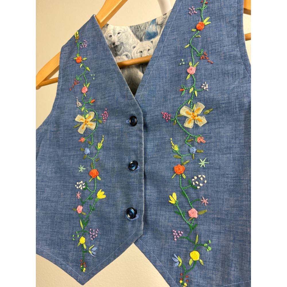 Kids Blue Reversible Vest Floral Embroidery Arctic Animal Polar Bear Print - Picture 4 of 7